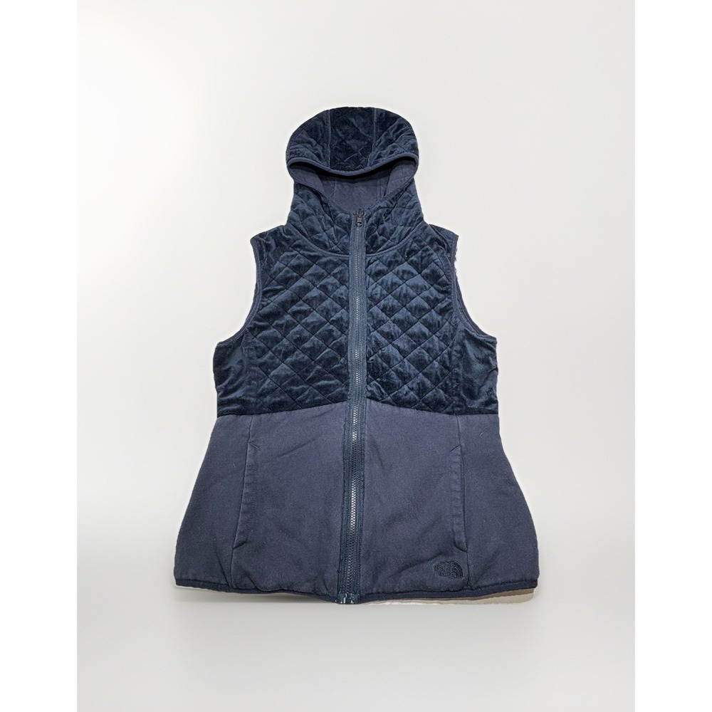 North Face Reversible Vest Women Large Hooded Navy Blue Quilted Full Zip Outdoor